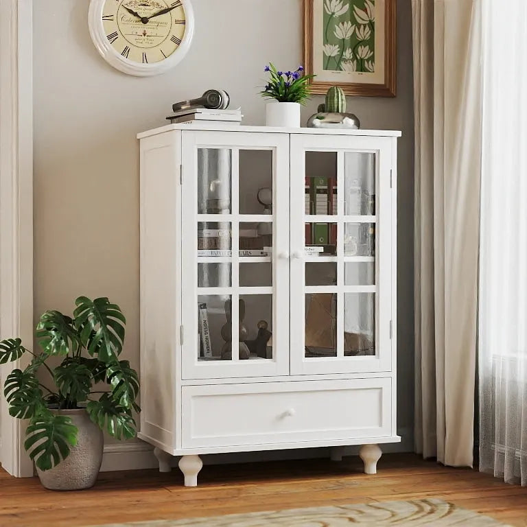 White Buffet Cabinet with Double Glass Doors & Drawer – Storage Sideboard for 1–2 Person Household
