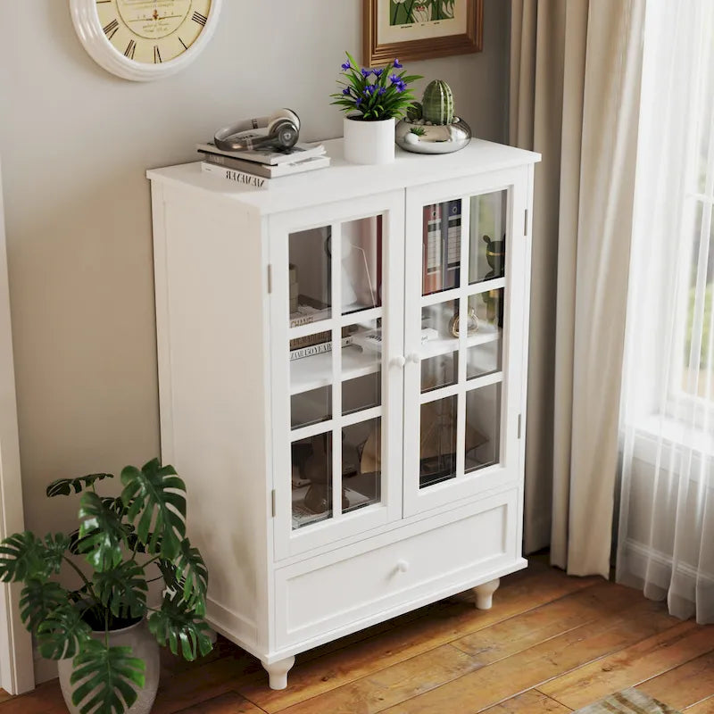 White Buffet Cabinet with Double Glass Doors & Drawer – Storage Sideboard for 1–2 Person Household
