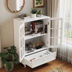 White Buffet Cabinet with Double Glass Doors & Drawer – Storage Sideboard for 1–2 Person Household