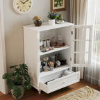 White Buffet Cabinet with Double Glass Doors & Drawer – Storage Sideboard for 1–2 Person Household