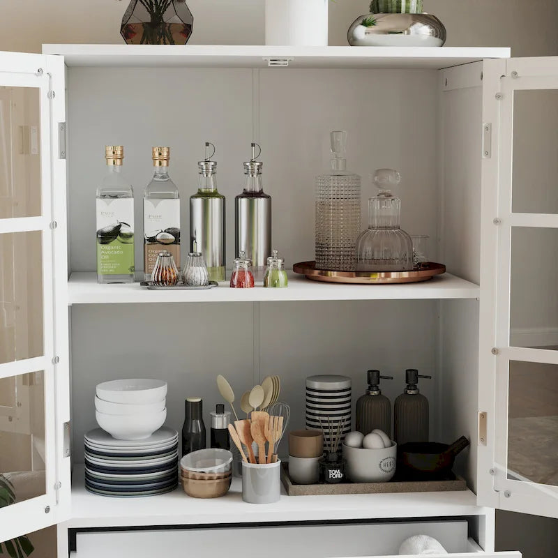 White Buffet Cabinet with Double Glass Doors & Drawer – Storage Sideboard for 1–2 Person Household