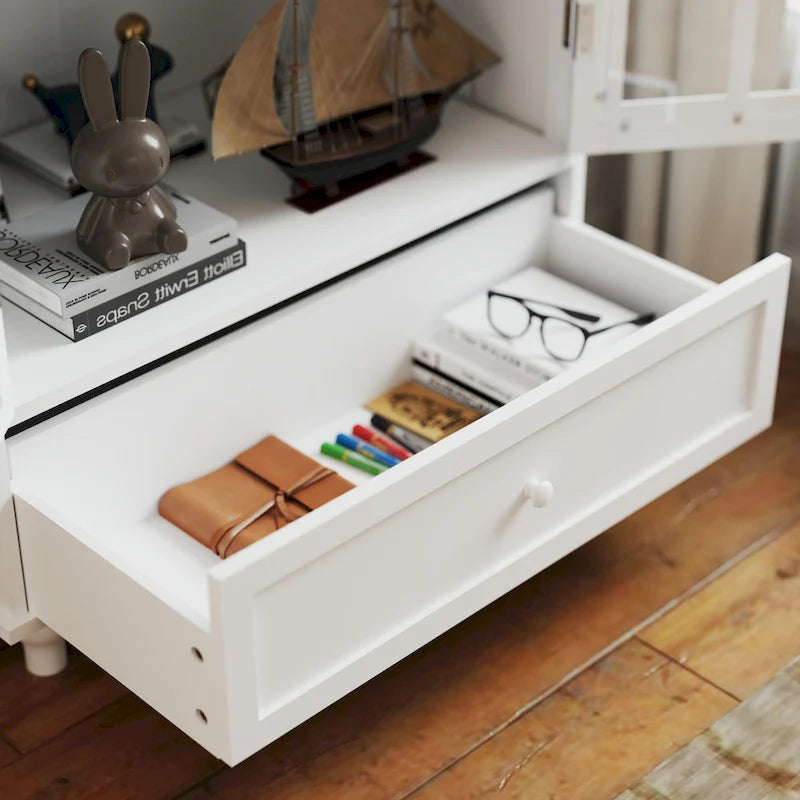 White Buffet Cabinet with Double Glass Doors & Drawer – Storage Sideboard for 1–2 Person Household