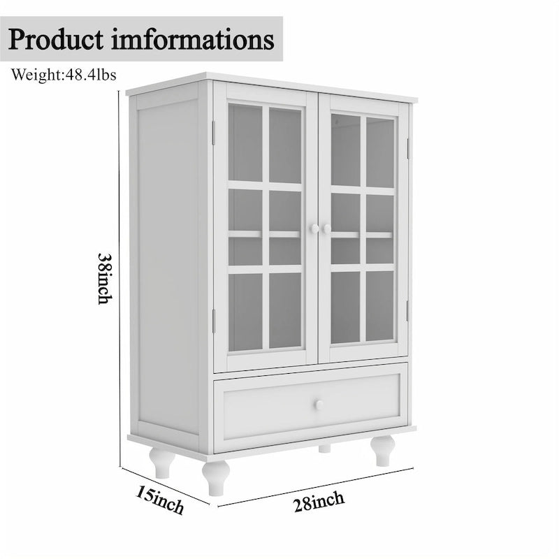 White Buffet Cabinet with Double Glass Doors & Drawer – Storage Sideboard for 1–2 Person Household