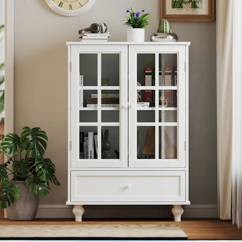 White Buffet Cabinet with Double Glass Doors & Drawer – Storage Sideboard for 1–2 Person Household