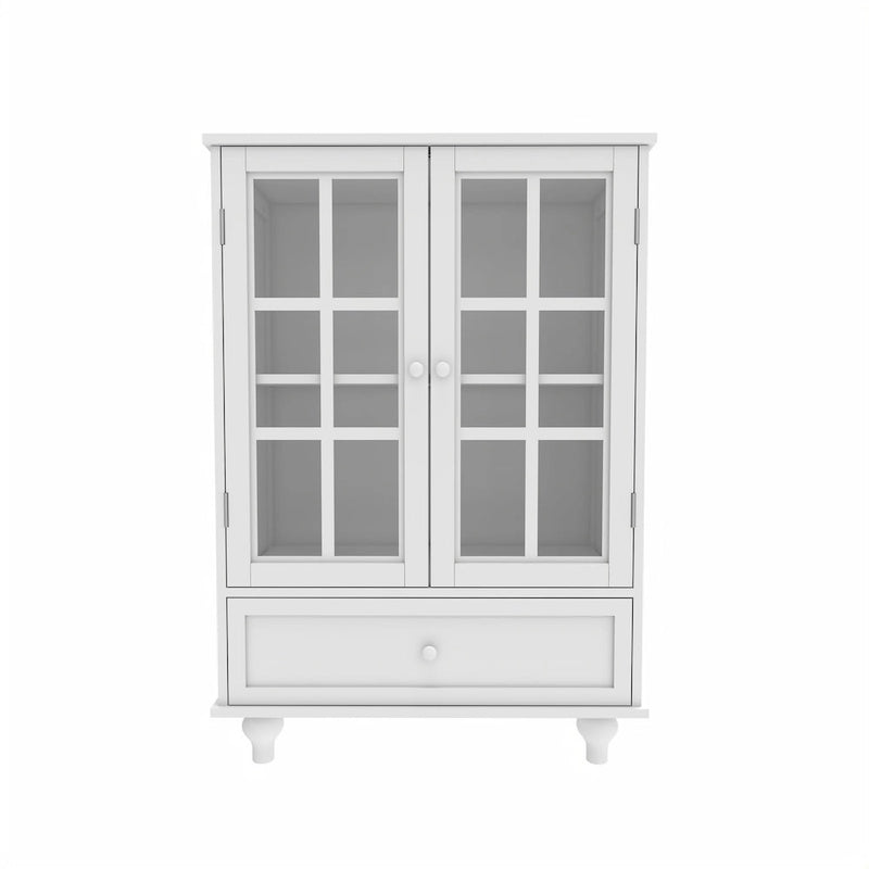 White Buffet Cabinet with Double Glass Doors & Drawer – Storage Sideboard for 1–2 Person Household