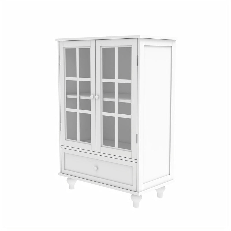 White Buffet Cabinet with Double Glass Doors & Drawer – Storage Sideboard for 1–2 Person Household