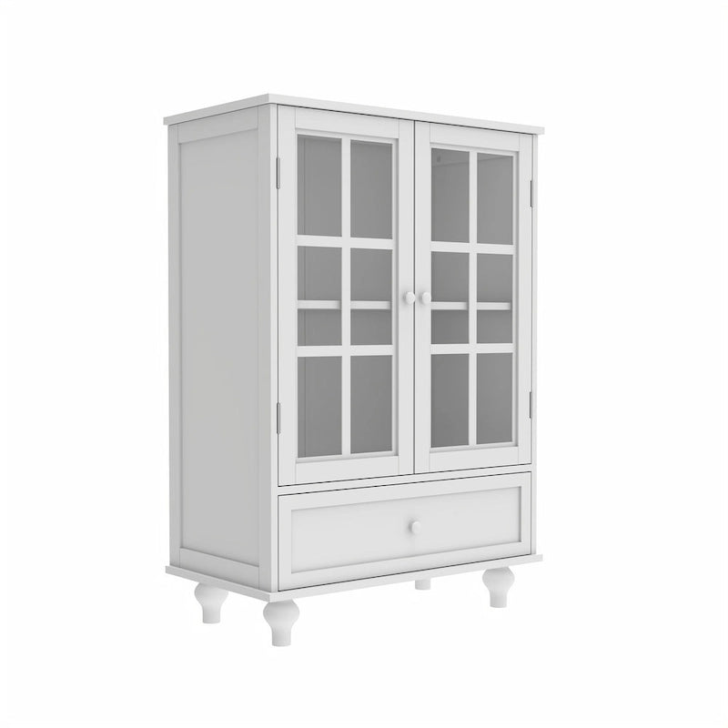 White Buffet Cabinet with Double Glass Doors & Drawer – Storage Sideboard for 1–2 Person Household