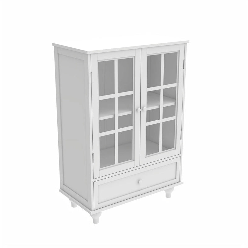White Buffet Cabinet with Double Glass Doors & Drawer – Storage Sideboard for 1–2 Person Household