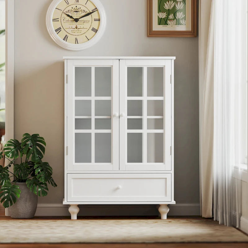 White Buffet Cabinet with Double Glass Doors & Drawer – Storage Sideboard for 1–2 Person Household