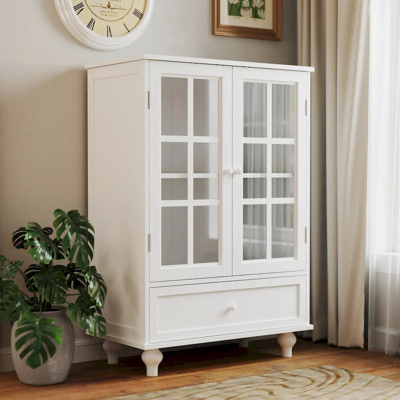 White Buffet Cabinet with Double Glass Doors & Drawer – Storage Sideboard for 1–2 Person Household