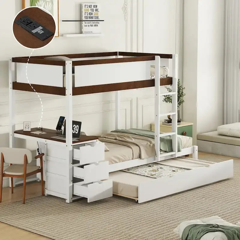 Grey / Brown / White Twin-Over-Twin Bunk Bed with Trundle, Storage & Desk – Modern Style, Sleeps 2–3