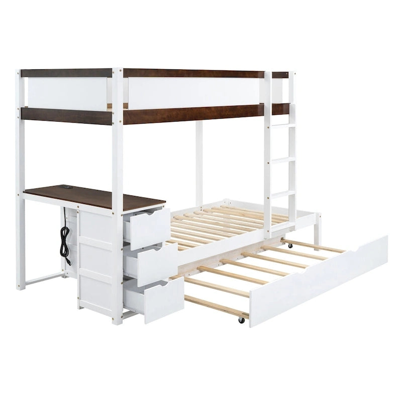 Grey / Brown / White Twin-Over-Twin Bunk Bed with Trundle, Storage & Desk – Modern Style, Sleeps 2–3