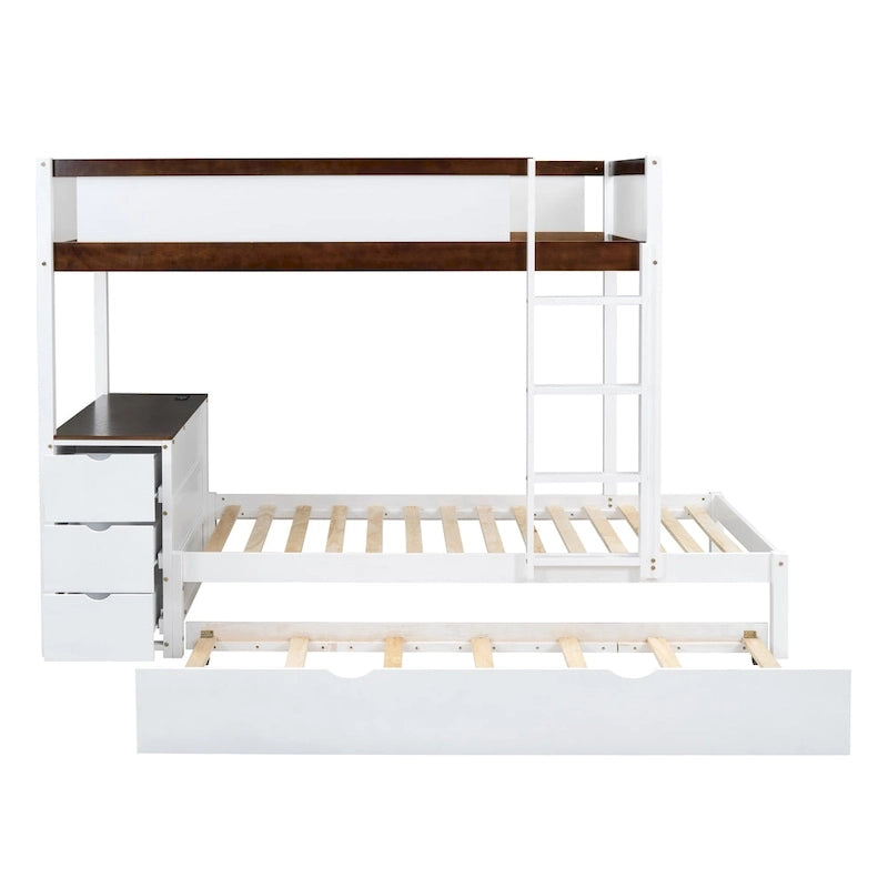 Grey / Brown / White Twin-Over-Twin Bunk Bed with Trundle, Storage & Desk – Modern Style, Sleeps 2–3