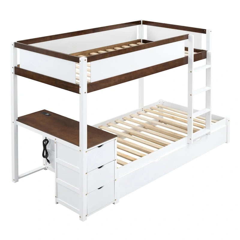 Grey / Brown / White Twin-Over-Twin Bunk Bed with Trundle, Storage & Desk – Modern Style, Sleeps 2–3