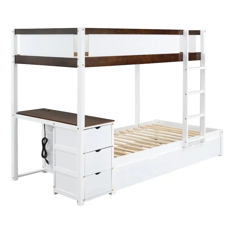 Grey / Brown / White Twin-Over-Twin Bunk Bed with Trundle, Storage & Desk – Modern Style, Sleeps 2–3