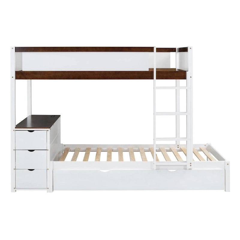 Grey / Brown / White Twin-Over-Twin Bunk Bed with Trundle, Storage & Desk – Modern Style, Sleeps 2–3
