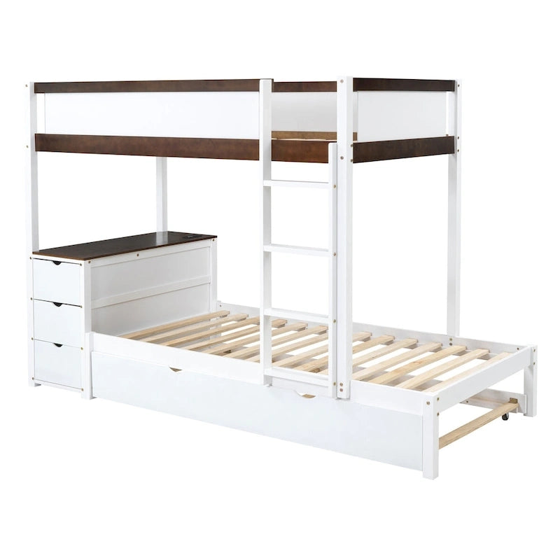 Grey / Brown / White Twin-Over-Twin Bunk Bed with Trundle, Storage & Desk – Modern Style, Sleeps 2–3