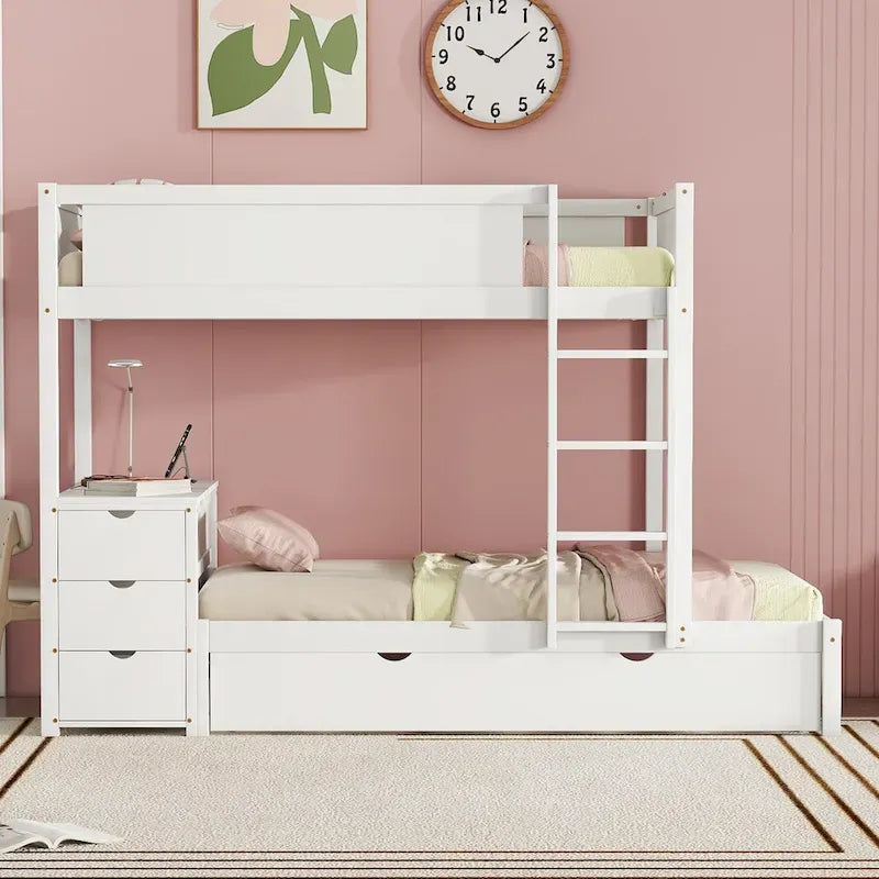 Grey / Brown / White Twin-Over-Twin Bunk Bed with Trundle, Storage & Desk – Modern Style, Sleeps 2–3