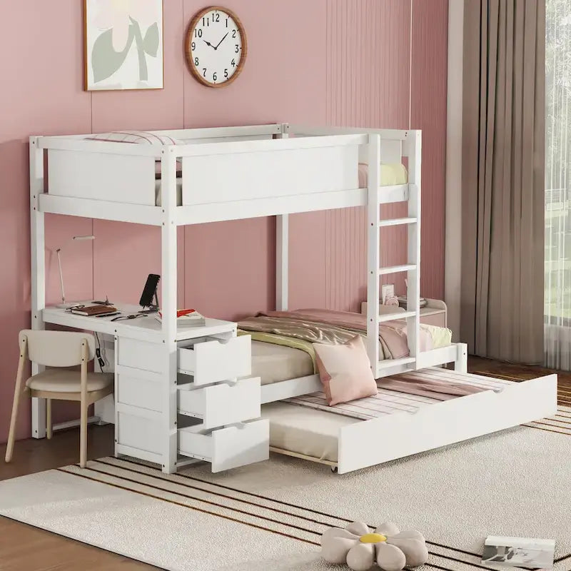 Grey / Brown / White Twin-Over-Twin Bunk Bed with Trundle, Storage & Desk – Modern Style, Sleeps 2–3
