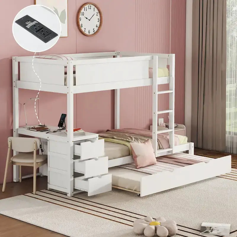 Grey / Brown / White Twin-Over-Twin Bunk Bed with Trundle, Storage & Desk – Modern Style, Sleeps 2–3