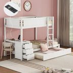 Grey / Brown / White Twin-Over-Twin Bunk Bed with Trundle, Storage & Desk – Modern Style, Sleeps 2–3