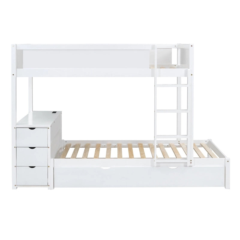 Grey / Brown / White Twin-Over-Twin Bunk Bed with Trundle, Storage & Desk – Modern Style, Sleeps 2–3