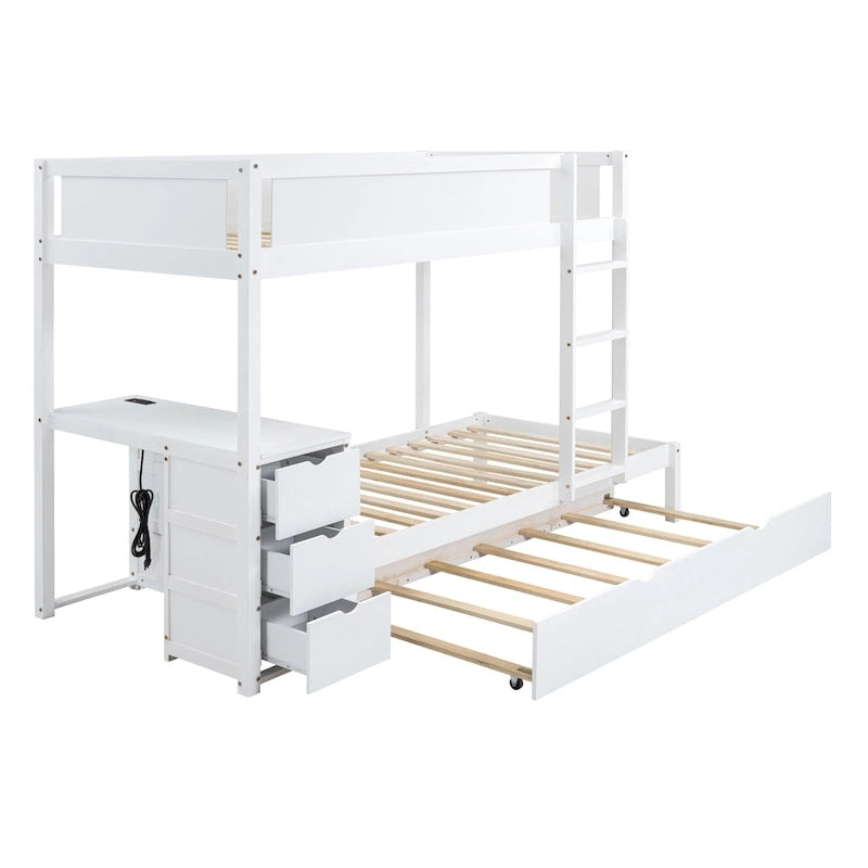 Grey / Brown / White Twin-Over-Twin Bunk Bed with Trundle, Storage & Desk – Modern Style, Sleeps 2–3
