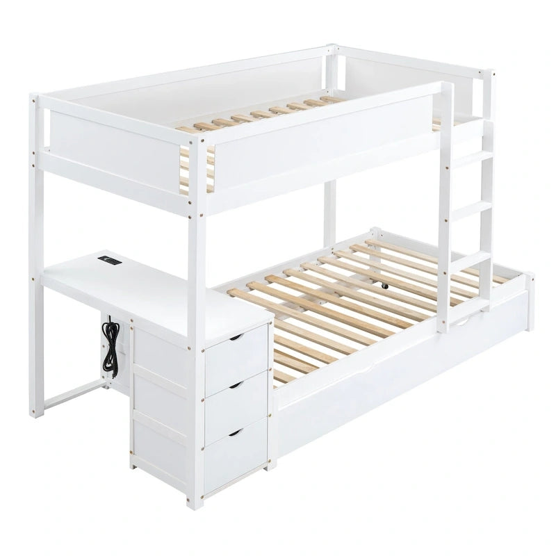 Grey / Brown / White Twin-Over-Twin Bunk Bed with Trundle, Storage & Desk – Modern Style, Sleeps 2–3