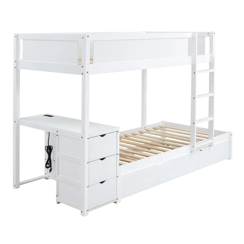 Grey / Brown / White Twin-Over-Twin Bunk Bed with Trundle, Storage & Desk – Modern Style, Sleeps 2–3
