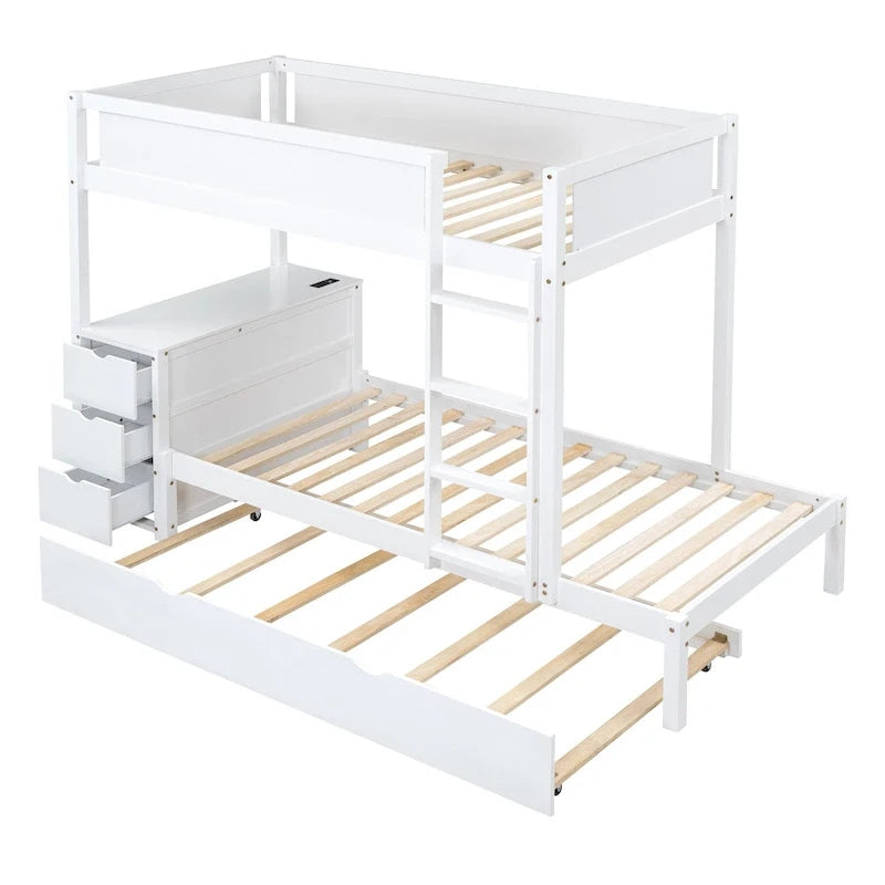 Grey / Brown / White Twin-Over-Twin Bunk Bed with Trundle, Storage & Desk – Modern Style, Sleeps 2–3