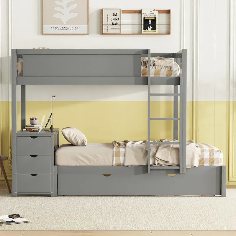 Grey / Brown / White Twin-Over-Twin Bunk Bed with Trundle, Storage & Desk – Modern Style, Sleeps 2–3
