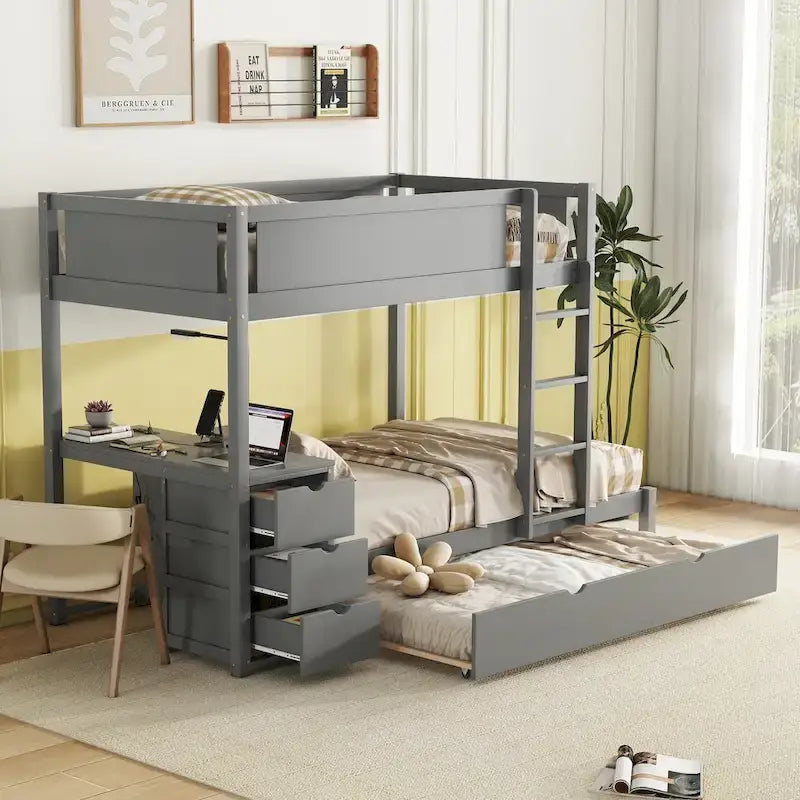 Grey / Brown / White Twin-Over-Twin Bunk Bed with Trundle, Storage & Desk – Modern Style, Sleeps 2–3
