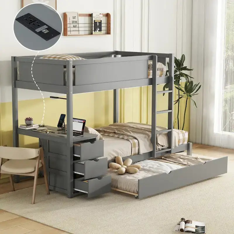 Grey / Brown / White Twin-Over-Twin Bunk Bed with Trundle, Storage & Desk – Modern Style, Sleeps 2–3