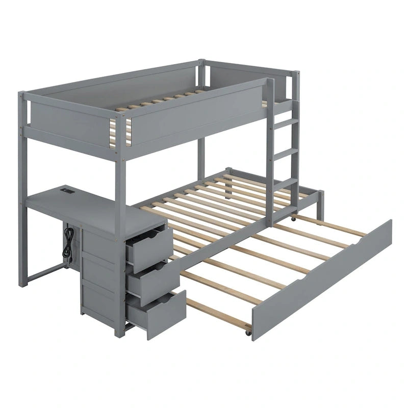 Grey / Brown / White Twin-Over-Twin Bunk Bed with Trundle, Storage & Desk – Modern Style, Sleeps 2–3