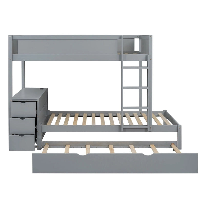 Grey / Brown / White Twin-Over-Twin Bunk Bed with Trundle, Storage & Desk – Modern Style, Sleeps 2–3