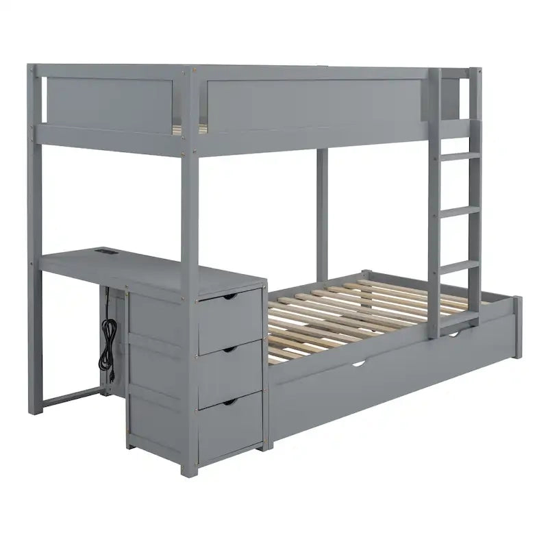 Grey / Brown / White Twin-Over-Twin Bunk Bed with Trundle, Storage & Desk – Modern Style, Sleeps 2–3