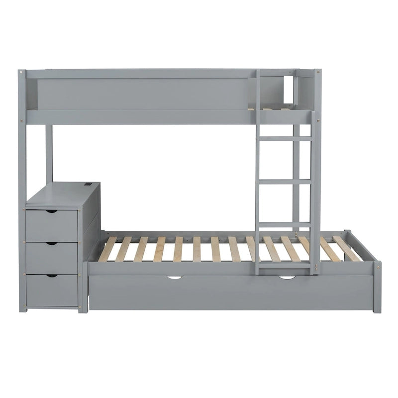 Grey / Brown / White Twin-Over-Twin Bunk Bed with Trundle, Storage & Desk – Modern Style, Sleeps 2–3
