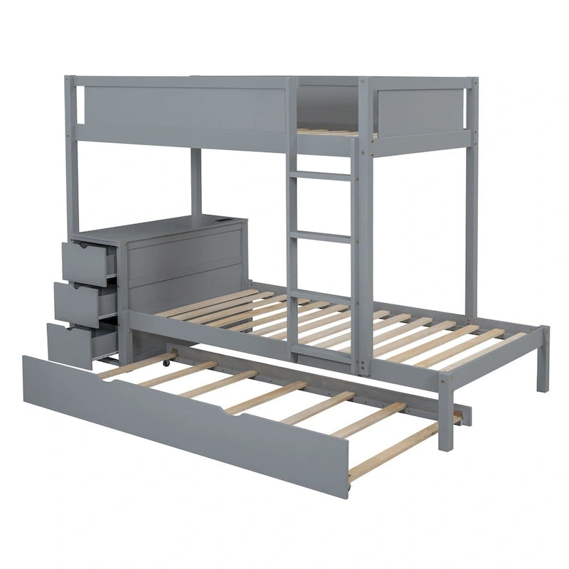 Grey / Brown / White Twin-Over-Twin Bunk Bed with Trundle, Storage & Desk – Modern Style, Sleeps 2–3