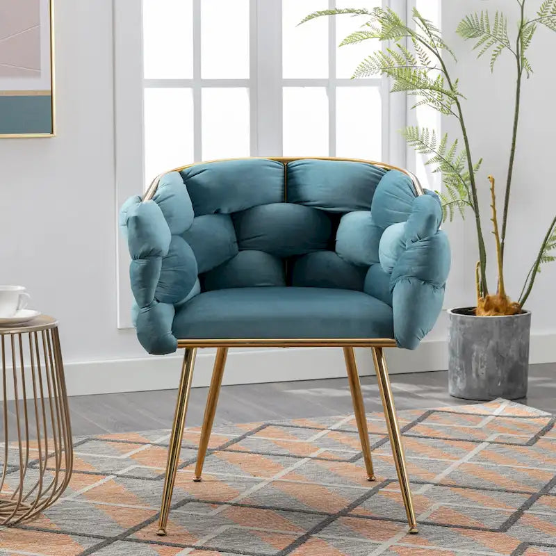 Blue Velvet Accent Chair with Gold Metal Legs – Modern Style, Seats 1
