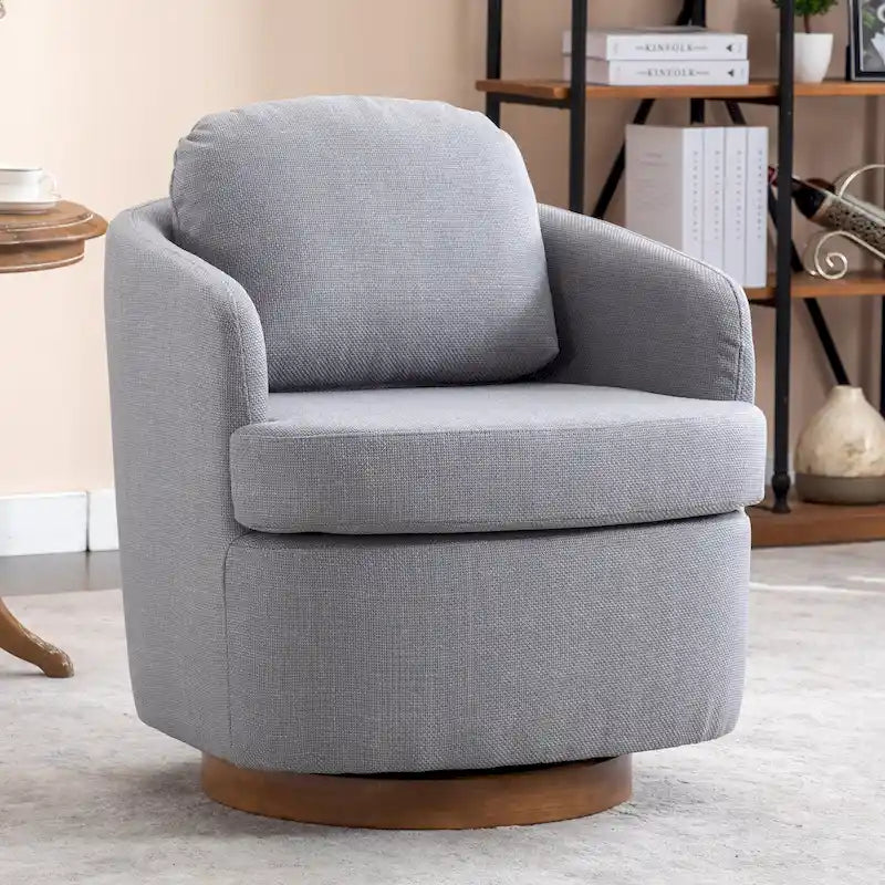 Light Blue Linen Upholstered Swivel Accent Chair with Round Wood Base – Modern Style, Seats 1