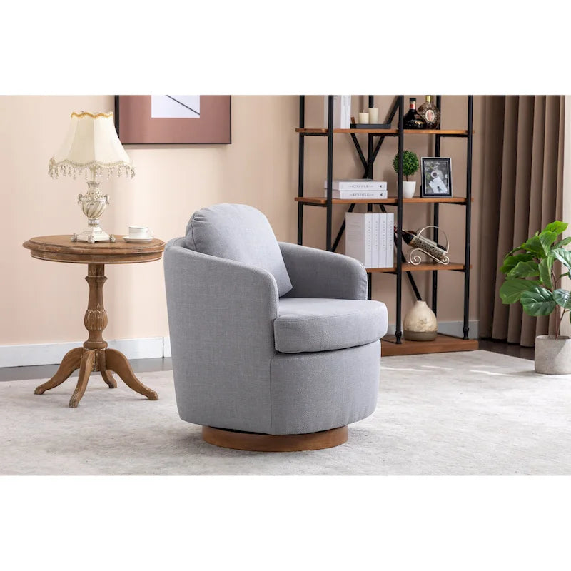 Light Blue Linen Upholstered Swivel Accent Chair with Round Wood Base – Modern Style, Seats 1