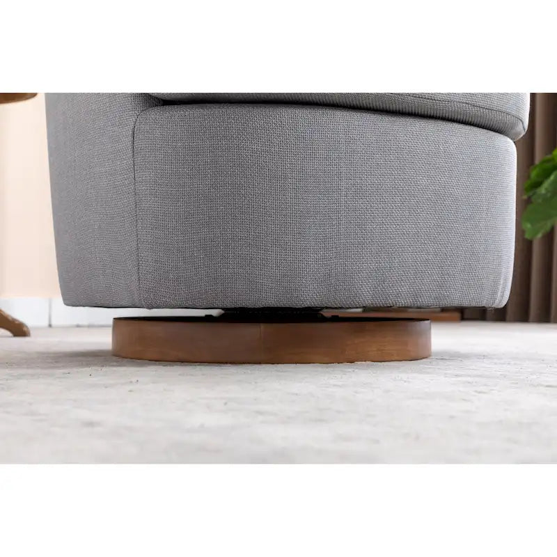 Light Blue Linen Upholstered Swivel Accent Chair with Round Wood Base – Modern Style, Seats 1
