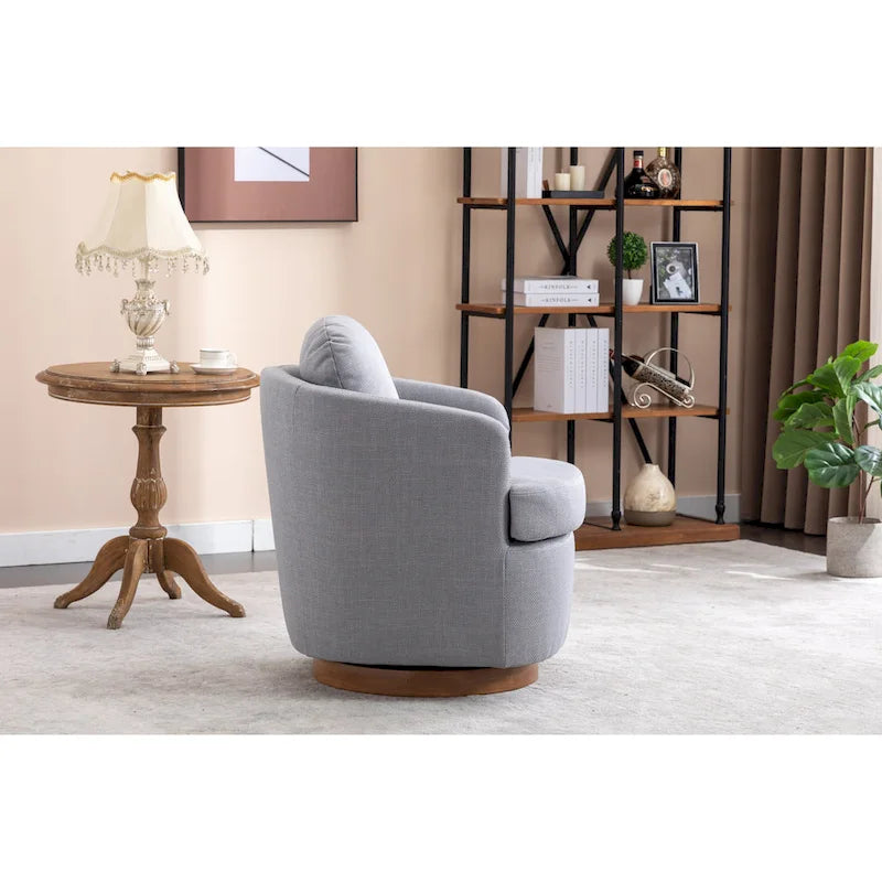 Light Blue Linen Upholstered Swivel Accent Chair with Round Wood Base – Modern Style, Seats 1