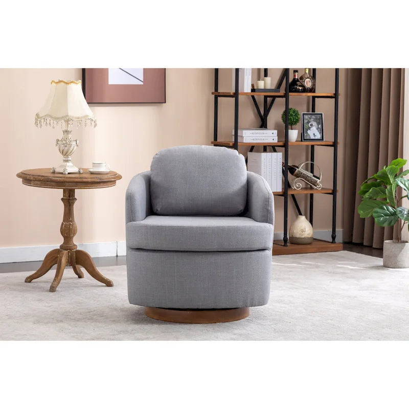 Light Blue Linen Upholstered Swivel Accent Chair with Round Wood Base – Modern Style, Seats 1