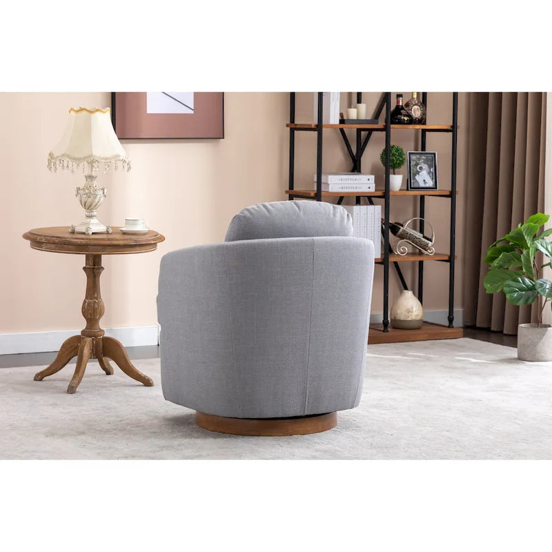 Light Blue Linen Upholstered Swivel Accent Chair with Round Wood Base – Modern Style, Seats 1