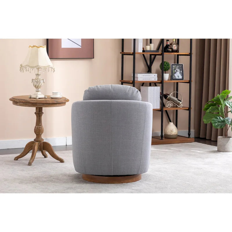Light Blue Linen Upholstered Swivel Accent Chair with Round Wood Base – Modern Style, Seats 1