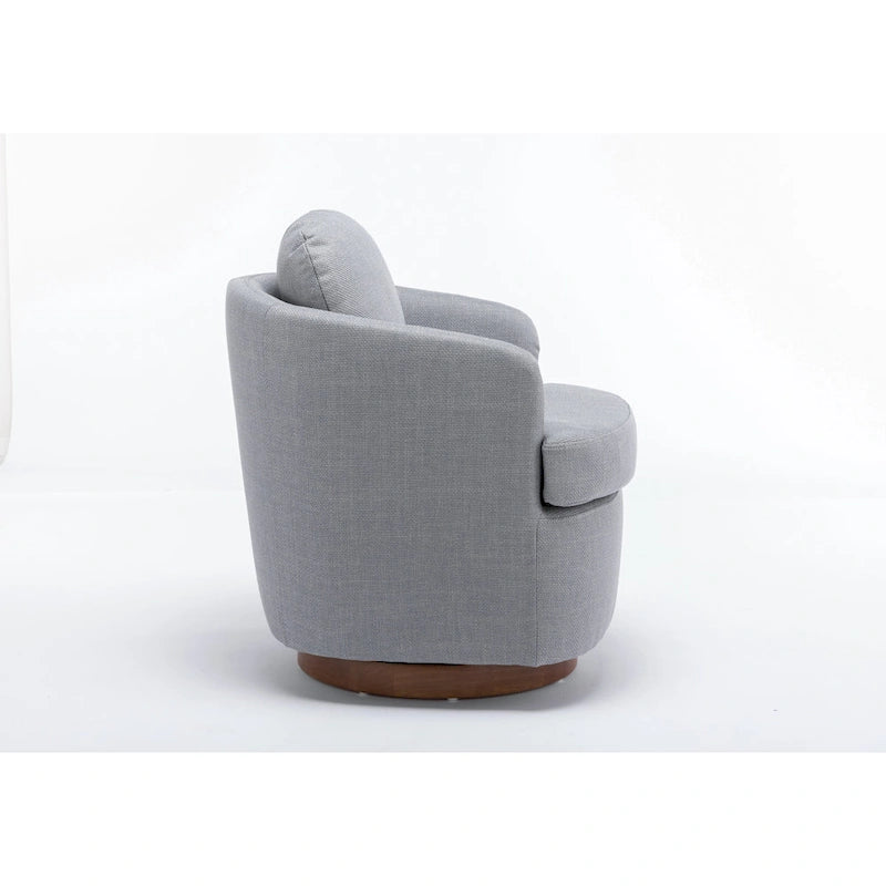 Light Blue Linen Upholstered Swivel Accent Chair with Round Wood Base – Modern Style, Seats 1