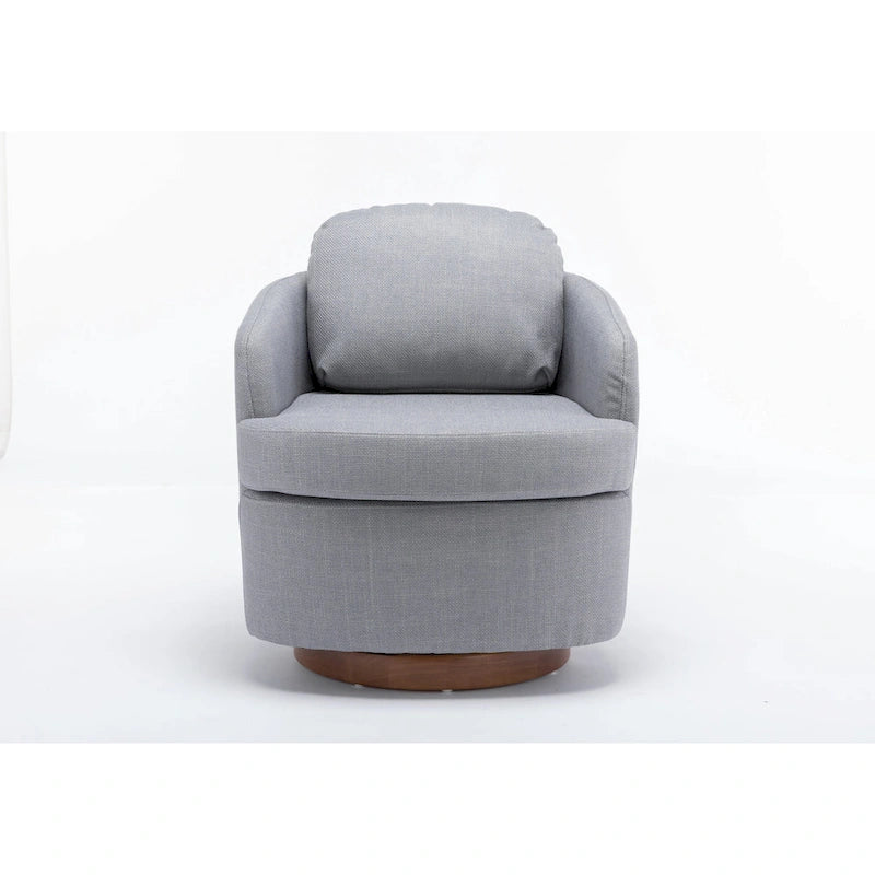 Light Blue Linen Upholstered Swivel Accent Chair with Round Wood Base – Modern Style, Seats 1
