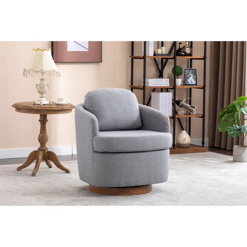Light Blue Linen Upholstered Swivel Accent Chair with Round Wood Base – Modern Style, Seats 1