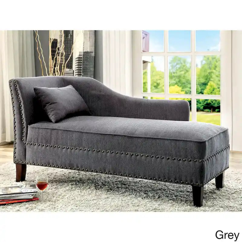 Dark Teal / Grey / Beige Linen Fabric Chaise Lounge with Nailhead Trim – Transitional Style, Seats 1